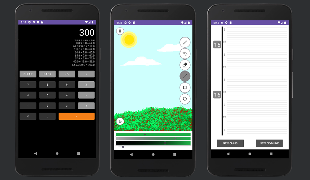 Various Android Applications Three seperate Android apllications. A calculator, a painting app, and a scheduler.